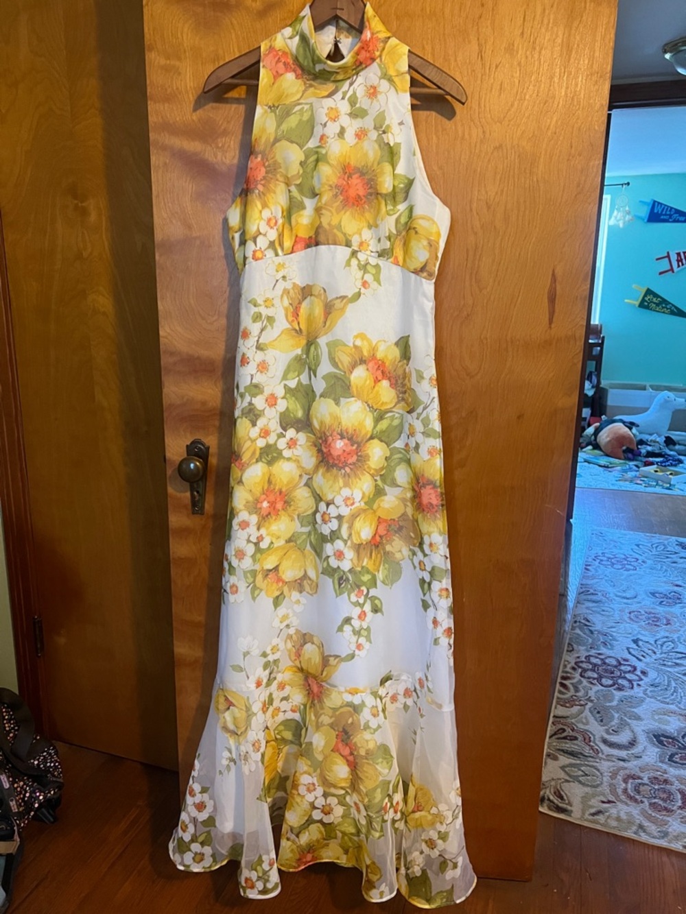 Vintage Yellow Floral Halter Maxi Dress, chest 34 in